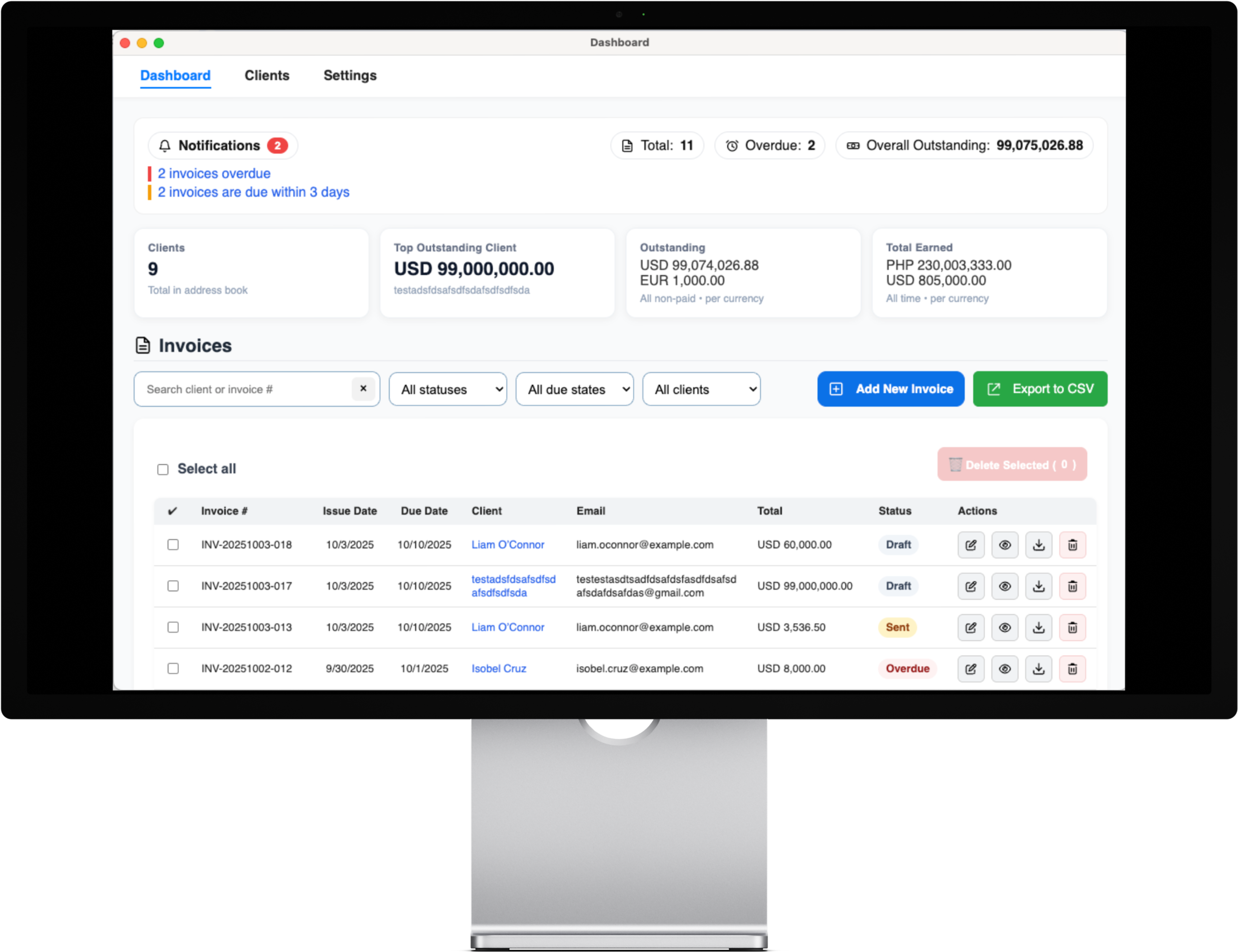 AC InvoicePro app dashboard on a desktop display